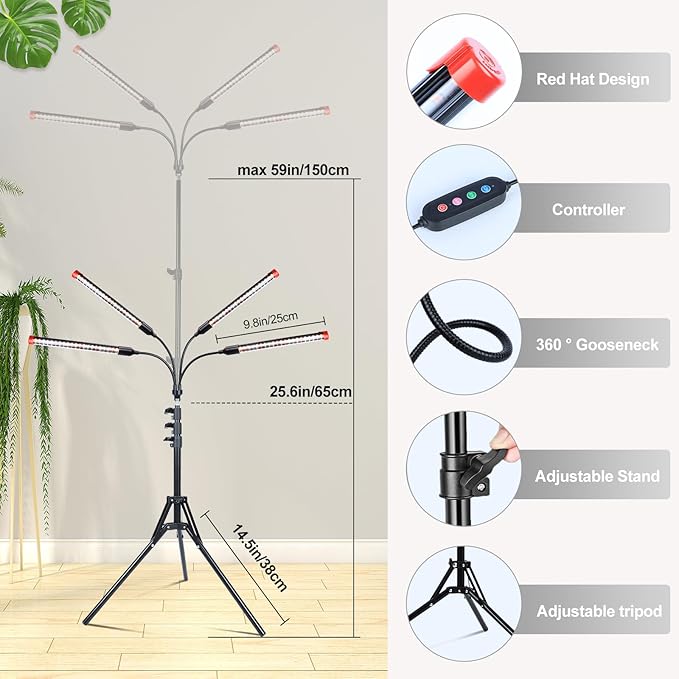 FECiDA Gamechanger! 36 Watt Power Draw, NO Need Adapter, 4Head Grow Light with Tripod Stand, 2026 Big Coverage LED Grow Lights for Indoor Tall Plants, Bonsai Tree, 4/8/12/16/20H Timer
