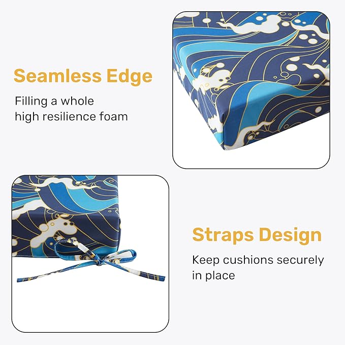 UNIKOME Outdoor Chair Cushions Pack of 4, Water Resistant Patio Cushions with Ties, High Density Sponge Filling Square Corner Seat Cushions for Outdoor Furniture, 19"*19"*3", Blue/Waves