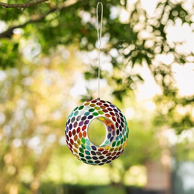 Glitzhome Hanging Glass Bird Feeder, 8" D Round Multi-Color Birdfeeder for Outside Hanging, Mosaic Wild Bird Feeder for Garden, Yard, Backyard, Deck and Porch Decorations