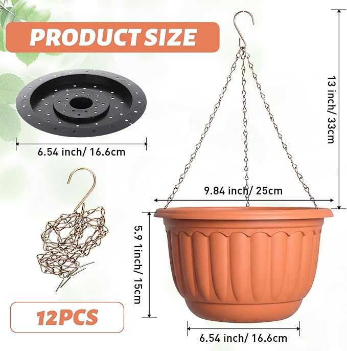 12 Sets Hanging Planters for Indoor and Outdoor Plants Self Watering Hanging Basket Flower Pots Plastic Plant Pots with Drainage Hole and Absorbing Tray(Terracotta,10 Inch)