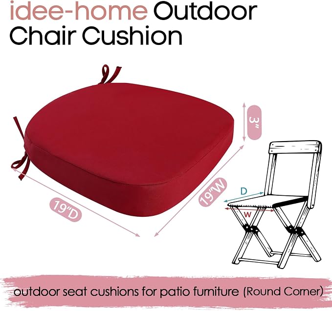 idee-home Outdoor Chair Cushions Set of 4, 19" x 19" x 3" Thick D-Shaped Patio Furniture Outdoor Seat Cushions Waterproof with Ties, Dining Pads