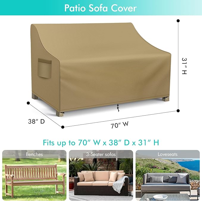 WLEAFJ Patio Sofa Cover Waterproof, Outdoor Loveseat Cover, Heavy Duty Deep Lounge Loveseat Cover, Large Lawn Patio Furniture Covers with Air Vent, 70’’ W x 38’’ D x 31’’ H, Khaki