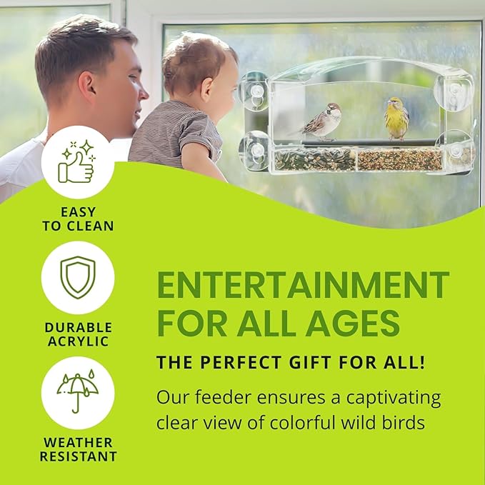 Nature Gear Acrylic Clear Window Bird Feeder with Strong Suction Cups, Removable Sliding Seed Tray, Weather-Resistant & Easy to Clean for Window Viewing, Earth-Friendly Dome