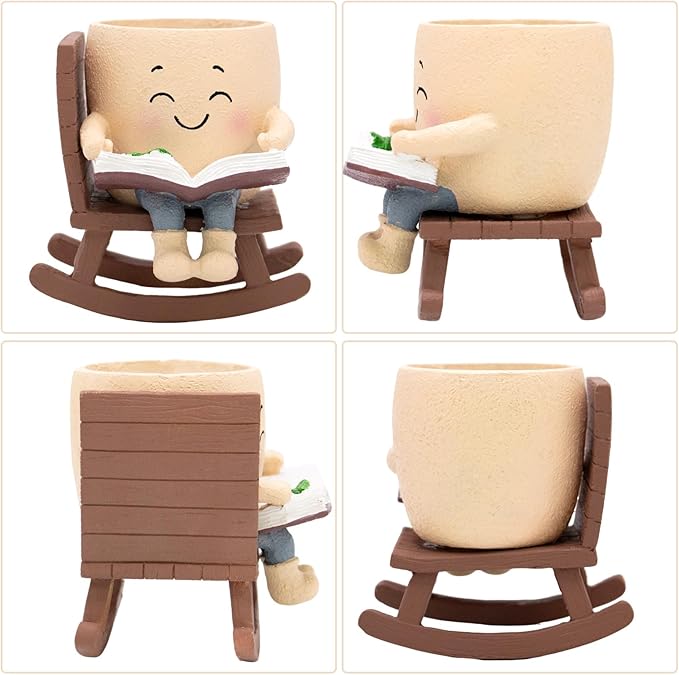 Smily Face Rocking Chair Reading Book Planter Pots with Drainage Hole, Cute Resin Flower Head Succulent Planters for Indoor Plants, Gift IdeaI for Mother Birthday Christmas