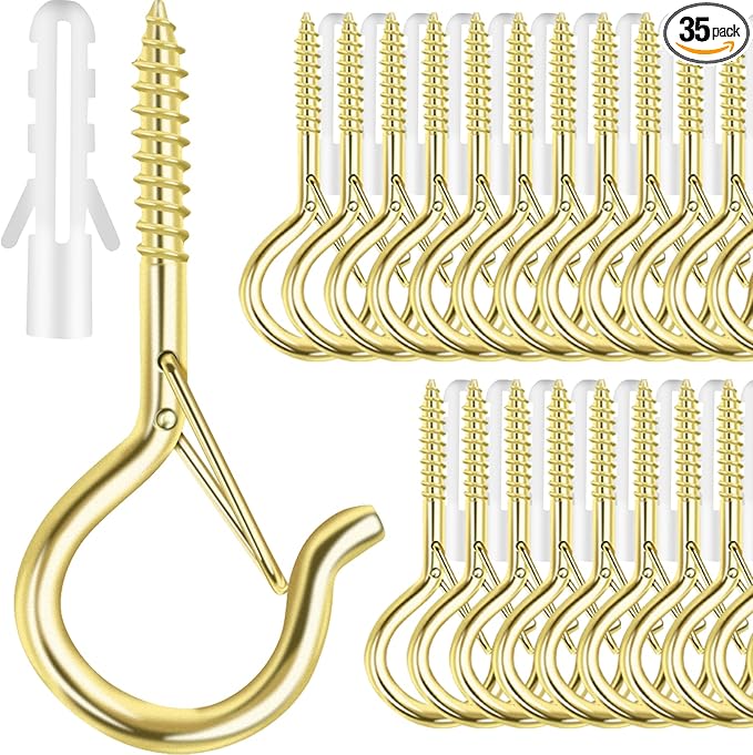 FSAH 35 PCS Screw-in Hooks for Outdoor String Lights, Q Hangers Hooks Outdoor for Outside, Swivel Hanging Basket Patio Light Hooks with Safe Buckle Screw in Planter Eye Hook for Wall Ceiling, Gold