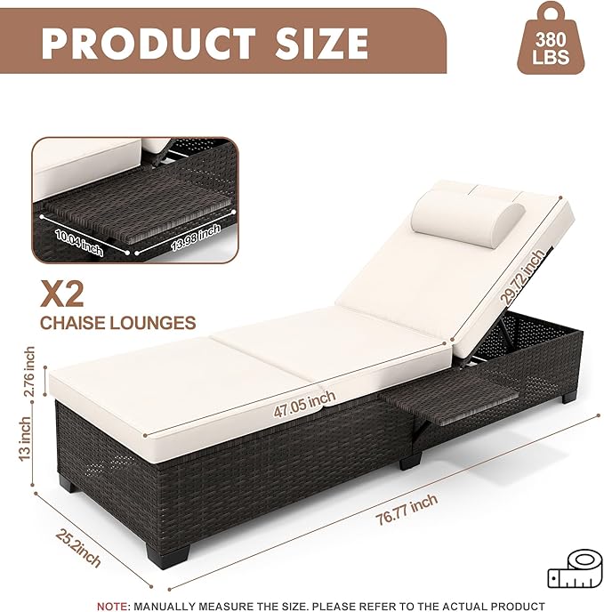 Garvee Outdoor Chaise Lounge Set of 2, 5-Position Adjustable PE Wicker Sun Loungers with Thick Quick-Dry Cushions for Poolside Patio Backyard, Gray
