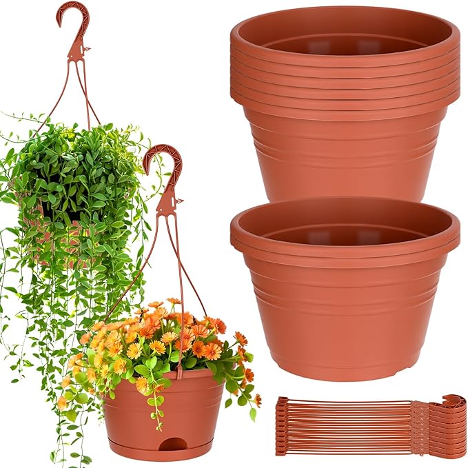 Roshtia 10 Pcs 10 Inch Hanging Baskets for Plants Large Plastic Hanging Basket Pots with Drainage Trays Self Watering Planter Pots for Outdoor Indoor Plants Flowers Garden Balcony (Brown)