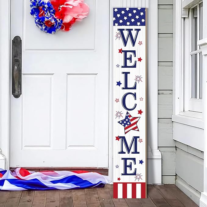 4th of July Welcome Sign for Front Porch, 250th Anniversary Memorial Day Wooden Porch Sign For Outdoor Patio, USA American Flag Standing Yard Sign Summer Door Signs for Garden Wall