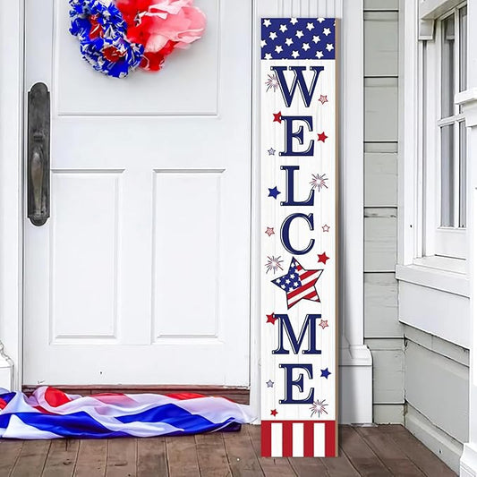 4th of July Welcome Sign for Front Porch, 250th Anniversary Memorial Day Wooden Porch Sign For Outdoor Patio, USA American Flag Standing Yard Sign Summer Door Signs for Garden Wall