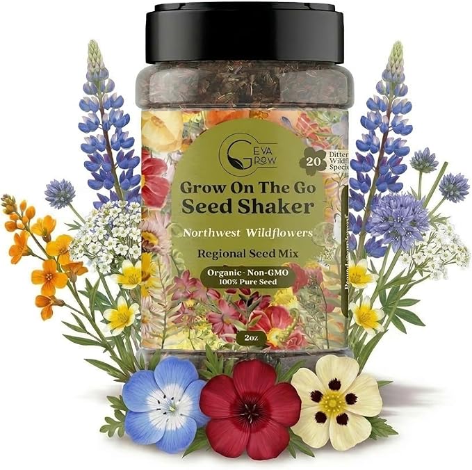 Geva Grow on the Go Seed Shaker - Northwest Wildflower Seeds Regional Mix - Organic, Non-GMO - 100% Pure Seed - 20 Different Wildflowers Seeds of Annual and Perennial, 2oz
