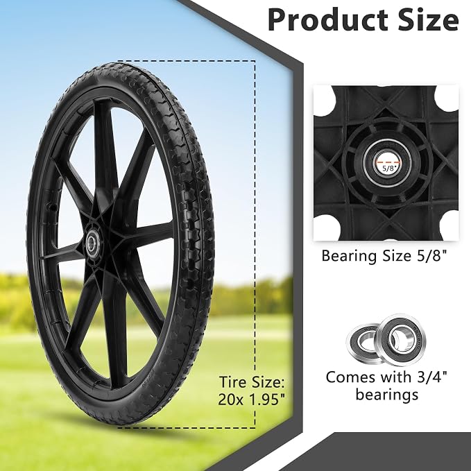 Upgraded 20" Flat Free Wheels Compatible with rubbermaid Wheelbarrow Tires, 20" Flat Free Tires with 5/8" and 3/4" Bearings Replacement for rubbermaid Cart Wheels/Big Wheel Utility Carts