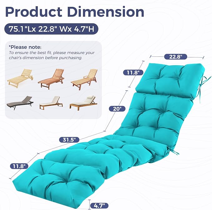Outdoor Chaise Lounge Cushions 75.1x22.8x4.7 Inch, Waterproof Lounge Chair Cushions for Pool, Patio, Deck, Lawn, Fade Resistant Lounge Cushions for Outdoor Furniture, Teal, Set of 2