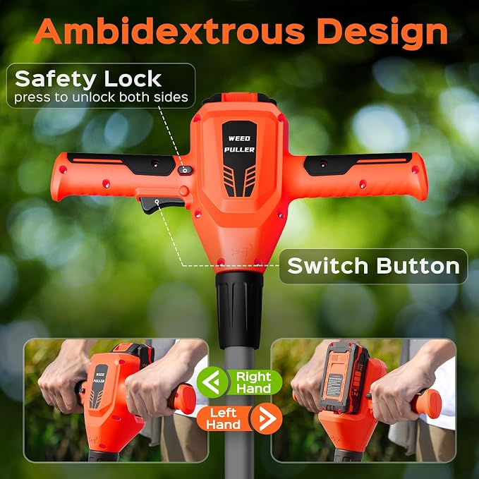 Weed Puller Tool, 21V Powerful Electric Weeder Tool with 2.0Ah Battery and Charger, Garden Tools Weed Pulling Tool with 3-Claw Steel Head for Smooth Weeding, Ideal Gifts for Men Women Mom Dad, Orange