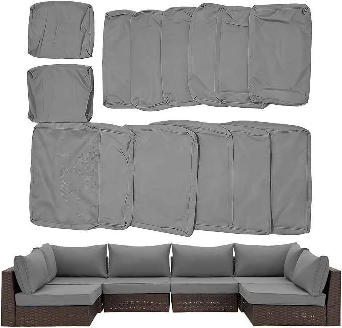HOMREST 14-Piece Outdoor Cushion Covers Set for Patio Furniture, Reversible Double-Sided Sofa Slipcovers with Zipper, Water-Repellent Replacement Covers Only (Grey, 25.6×25.6×3.9in)