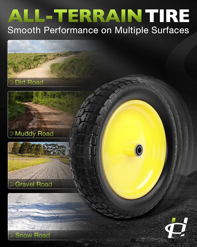 4.80/4.00-8 wheelbarrow tire, 16" Flat Free Solid Tire and Wheel, 3" Centered Hub, 5/8" & 3/4" Bearings, Universal Replacement for Garden Carts Wagon Wheel Barrow, 1 Pack