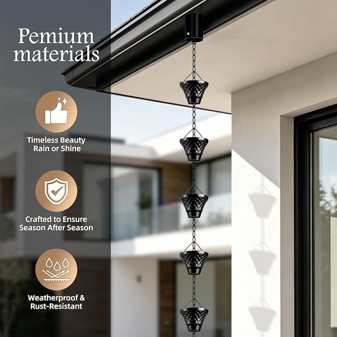 Rain Chains for Gutters Outside 8.5FT Black Rain Catcher Chain with Adapter 12 Cups Decorative Replacement for Downspout