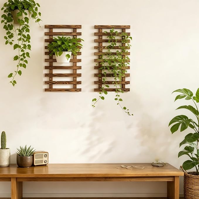 2 Pcs Wall Planter for Indoor Outdoor Plants - Wooden Wall Amounted Plant Holder for Hanging Pots, Vertical Pack Wood Garden Trellis for Climbing Plants Orchid Ivy Vine Rose Patio Home Decor, 23.62"