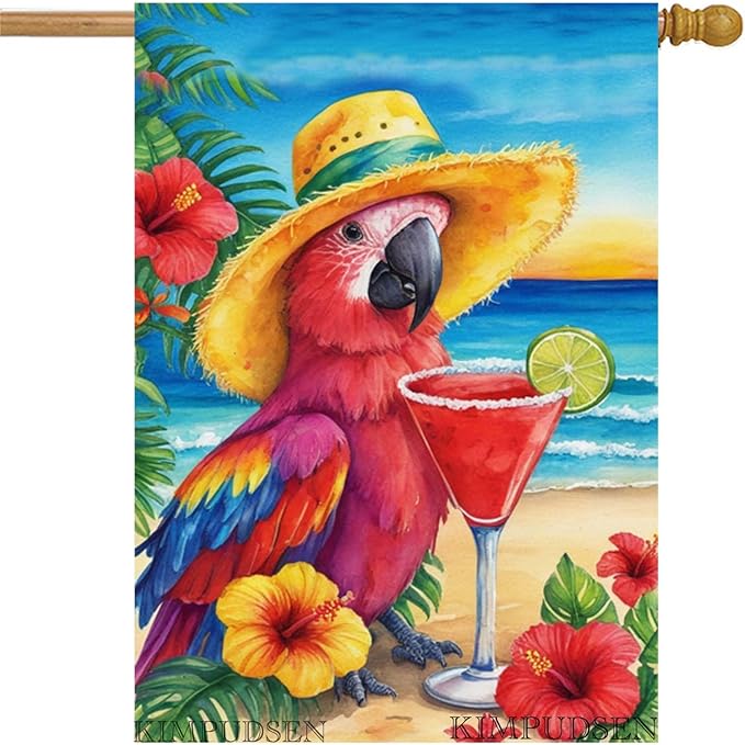 Summer Tropical Parrot House Flag 28x40 Inch Double Sided Outside, Colorful Beach Yard Decor Large Burlap Garden Flag for Outdoor Holiday Decoration