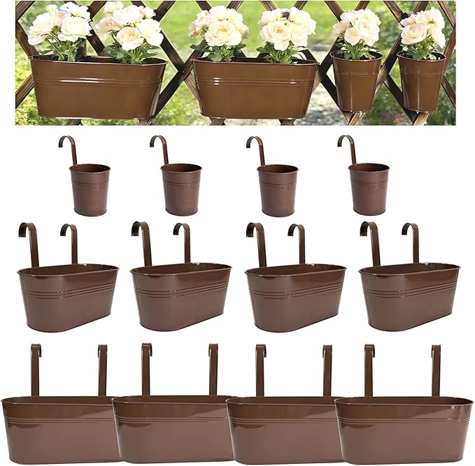 Set of 12 Balcony Hanging Planters, 4 Pcs 17" Metal Railing Flower Pots & 4 Pcs 12" Deck Planter & 4 Pcs 4" Fence Pot for Outdoor Patio Garden Décor, Chocolate