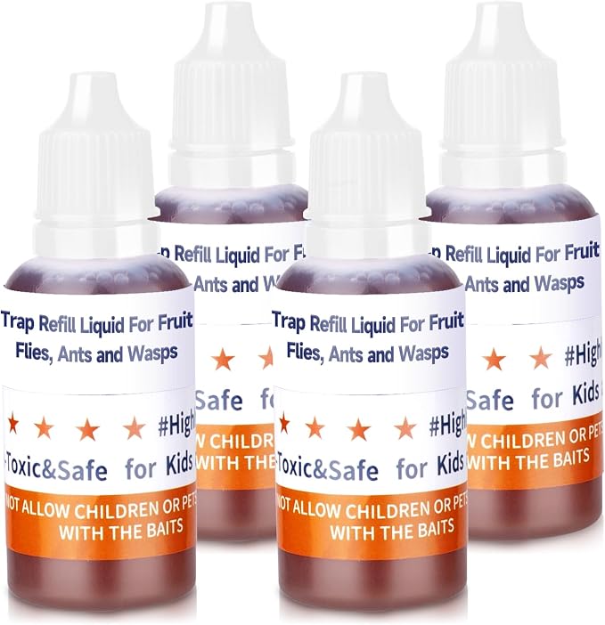 Fruit Fly Trap Refill Liquid, Effective Gnat Killer&Fruit Fly Catcher Bait Refill, Long-Lasting Fruit Scented Ants Attractant for Kitchen Bathroom Living Room Use, Safe Near Food (4 Pack)