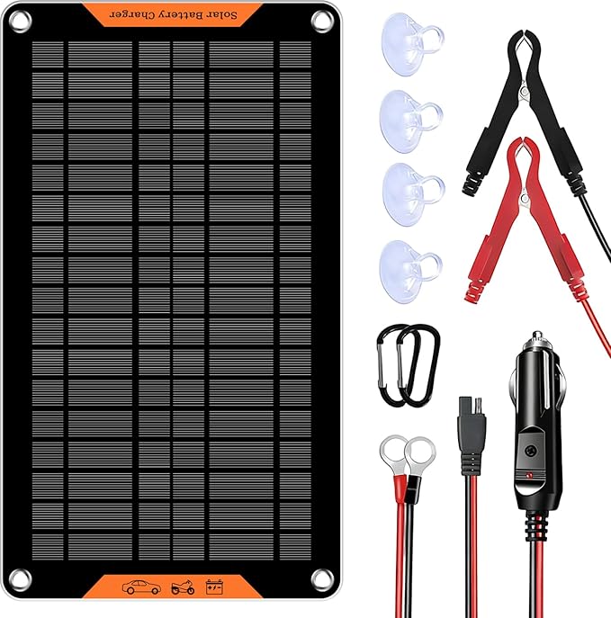12 Volt 10 Watt Solar Car Battery Charger & Maintainer, Solar Panel Trickle Charger, with Alligator Clip& Cigarette Lighter PlugAdapter for Car, Boat, Automotive, Motorcycle, RV