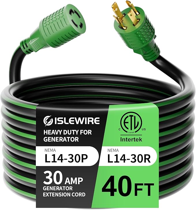 4 Prong 30 Amp Extension Generator Cord 40FT, NEMA L14-30P/L14-30R, 125/250 Volt Up to 7500 Watts, 10 Gauge SJTW Twist Lock Power Cord for Manual Transfer Switch, Black&Green, ETL Listed