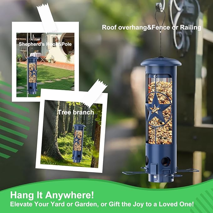 Squirrel Proof Bird Feeders for Outdoors with Weight-Activated, 3LB Large Metal Wild Bird Feeders for Cardinals,Blue Jay,Finch, Weatherproof Durable Tube Hanging Bird Feeder for Backyard,Garden,Patio