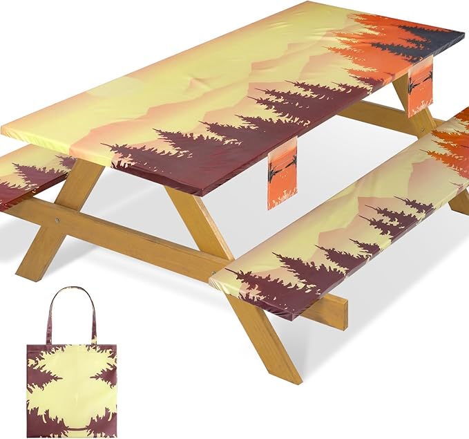 Fitted Waterproof Picnic Table Cover with Bench Covers Elastic Reusable Camping Table Cloths for 6Ft Rectangle Tables Summer Camp Motorhome Party Gear Outdoors Car Travel Trailer Gadgets Gift