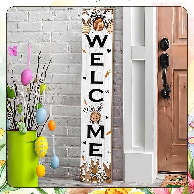 Easter Welcome Sign for Front Door, 47'' Tall Happy Easter Bunny Wooden Porch Sign for Patio, Rabbit Eggs Standing Vertical Door Signs Spring Rustic Yard Signs Seasonal Outdoor Signs for Garden