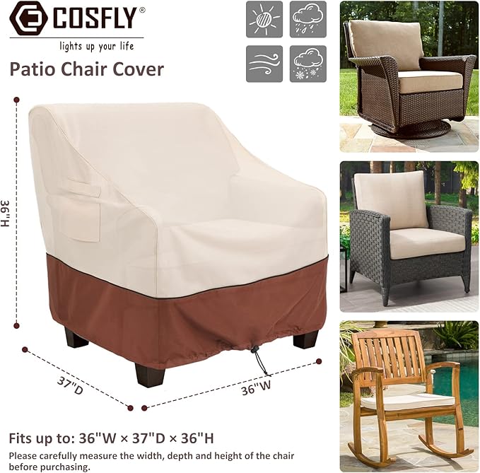 COSFLY Patio Furniture Covers 2 Pack, 600D Waterproof Outdoor Chair Covers for Deep Chairs, All-Weather UV Resistant Protection with Adjustable Straps & Air Vents, Fits up to 36" W x 37" D x 36" H