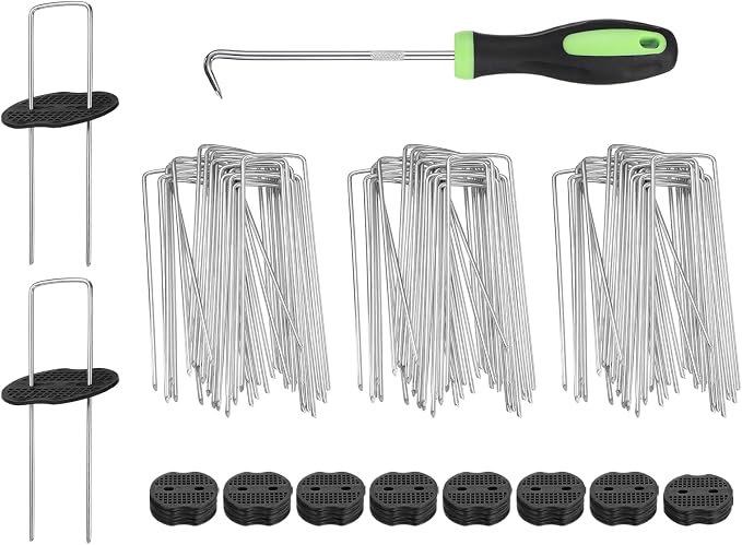 uxcell 80Pcs Garden Stakes, 6 Inch 11 Gauge Galvanized Landscape Staples U-Type Turf Stake Sod Pin Plant Stakes with Gasket&Hook for Landscaping Securing Weed Barrier Fabric, Silver