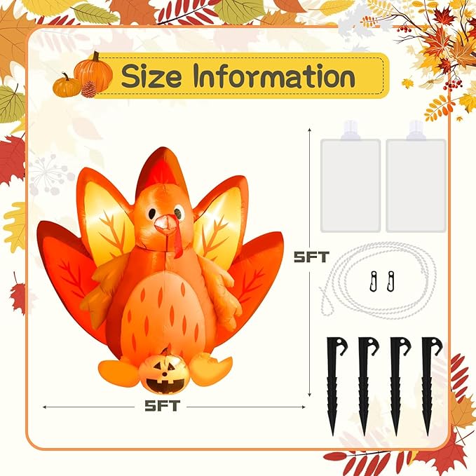 5FT Halloween & Thanksgiving Inflatable Turkey&Pumpin,with Built-in LED Lights, Outdoor/Indoor Seasonal Decoration with Pumpkin, Yard Lawn Garden Holiday Blow-Up Decor