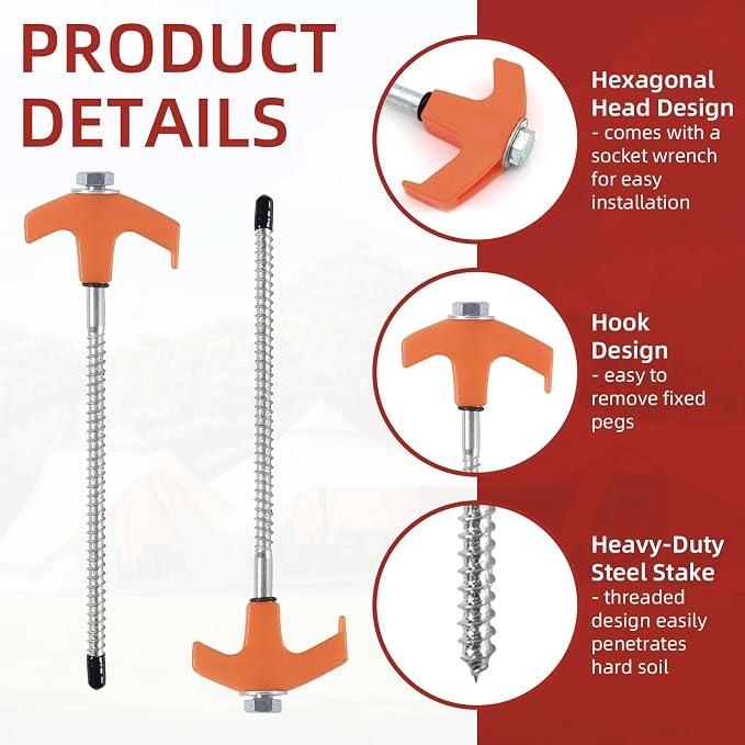 50 Pack 8 Inch Screw in Tent Stakes Heavy Duty Tent Stakes Screw in Ground Camping Stake with Hex Head Driver Metal Pegs Spikes for Camping Garden Yard (Orange)