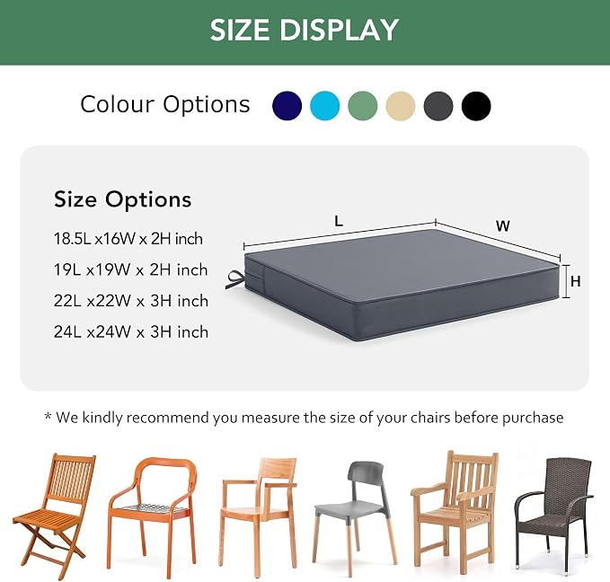 Outdoor Chair Cushions Set of 4: Waterproof & Color Fastness Seat Cushion for Patio Furniture - 22 x 22 x 3 Inch Chair Pads with Ties and Hidden Zipper - Patio Chair Cushion Replacement, Dark Grey