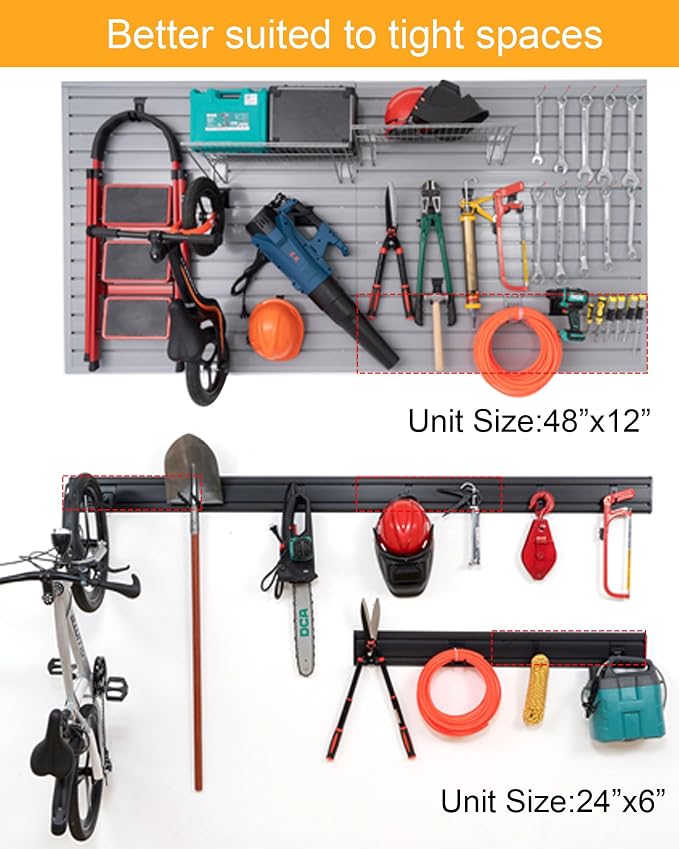 Slat Wall Paneling Garage Tool Organizer Wall Mount 4 Pack with Adjustable Metal Hooks 9 Pack, Garage Slat Wall Storage Systems Garage Storage & Organization Products, Black Slatwall Total 96 inch