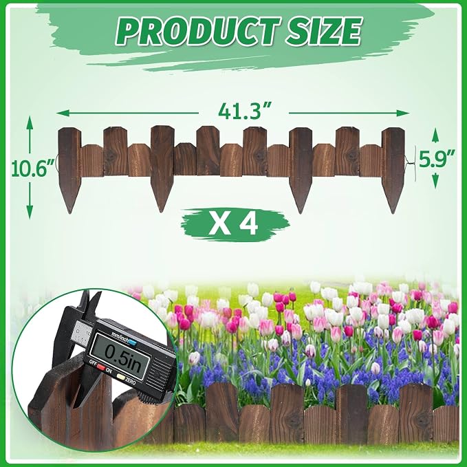 Wooden Garden Edging - 4 Pcs 5.9''x 41.3'' Sturdy Pine Landscape Border, Flexible Decorative Fence for Outdoor Yard Lawn Flower Bed Pathway Tree