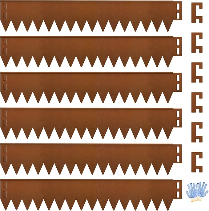 Cor Ten Steel Landscape Edging 40" L x 8" H, Hammer-in Landscape Edging, Metal Garden Edging Border with 6 Clips & Gloves - Edge for Lawn Yard COR-Ten Steel (6 Pack)