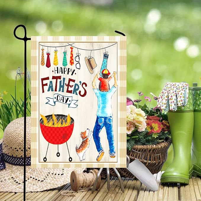 Wamika Happy Fathers Day Best Dad Double Sided House Flag Garden Banner 28" x 40", Father BBQ Lovely Dog Hat Sunglasses Men Tie Garden Flags for Anniversary Yard Outdoor Decoration