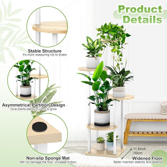 5 Tier Wood Tall Plant Stand Metal Rack Indoor, Multiple Flower Pot Holder Shelves Corner Rack, Round Planter Shelf Display Rack Storage Organizer for Patio Living Room Balcony(White+Oak)