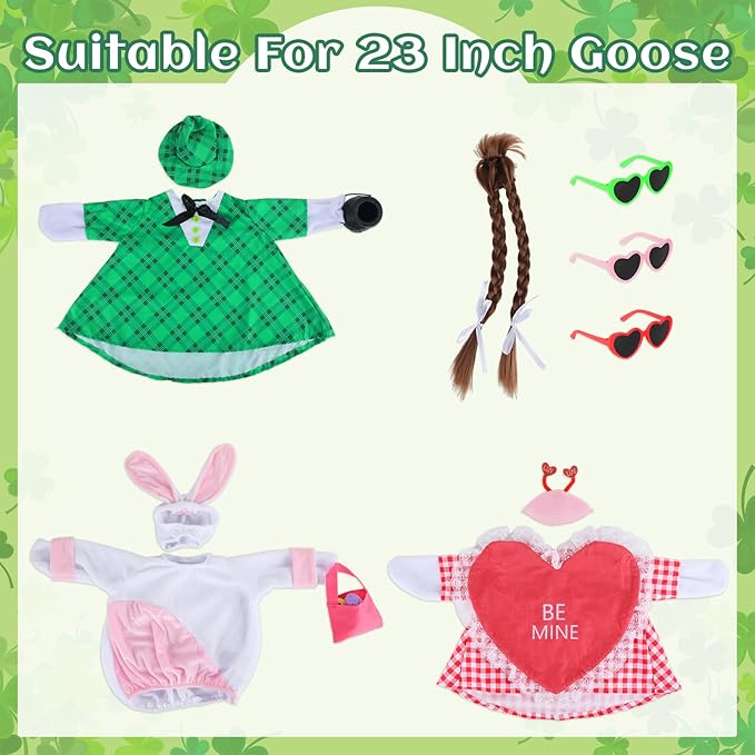 3 Sets Seasonal Porch Goose Outfits with Braid Wig Sunglasses Valentine St. Patrick Easter Bunny Festivals Lawn Goose Clothing Costume Set for 23“ Outdoor Yard Garden Patio Lawn Holiday Decorations