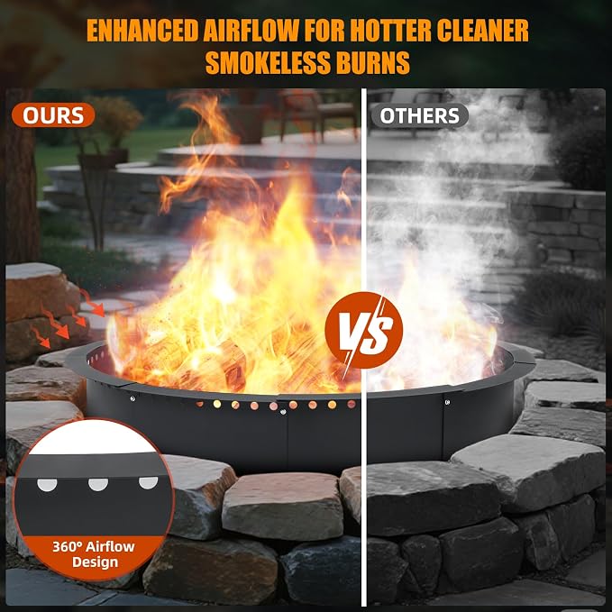 40 Inch Smokeless Fire Pit Ring, Heavy Duty Steel Fire Pit Ring Insert with Air Vent Design, 44 Inch Outer Diameter Round Fire Ring for Outdoor Wood Burning, Backyard, Patio, Garden & Camping