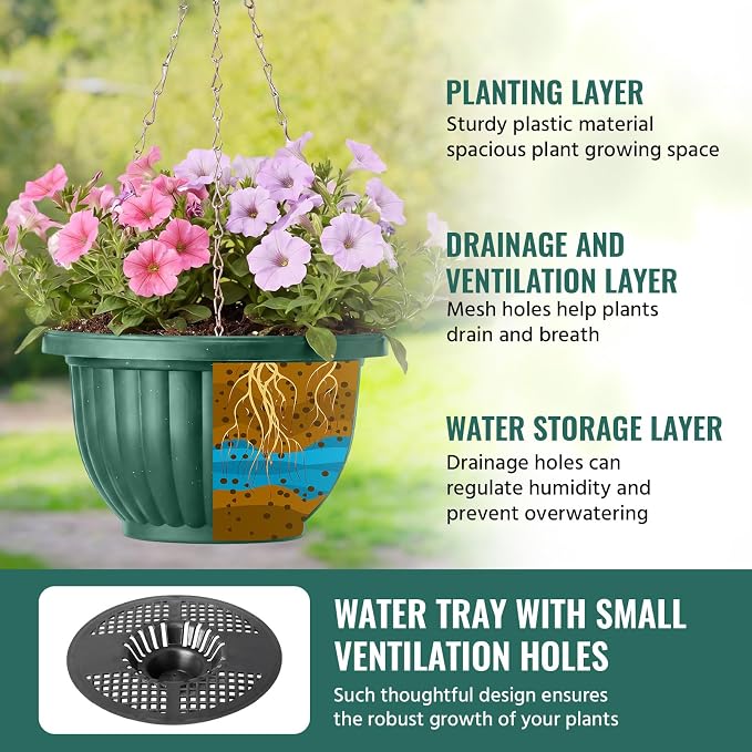 12 Sets Hanging Planters for Indoor and Outdoor Plants Self Watering Hanging Basket Flower Pots Plastic Plant Pots with Drainage Hole and Absorbing Tray(Green,10 Inch)