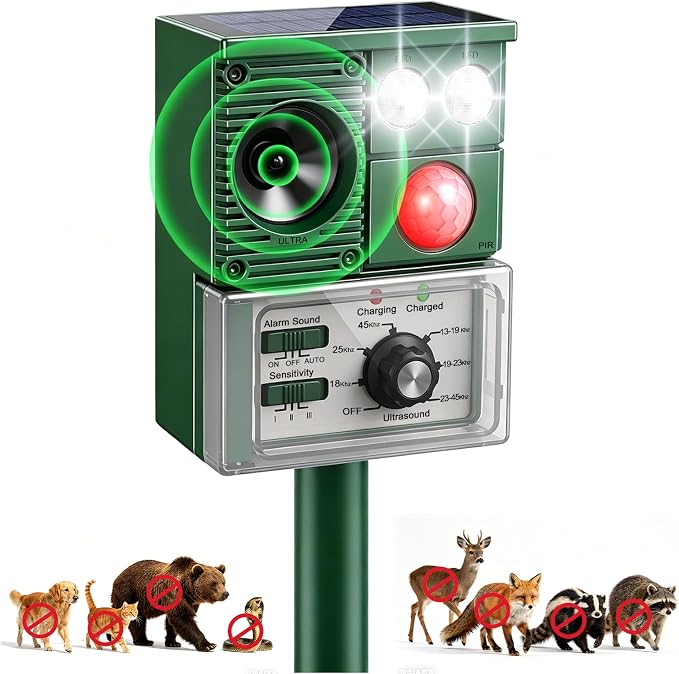 Solar Ultrasonic Animal Repellent, 2026 Upgraded Cat Repellent Outdoor with Motion Sensor & Flash Light, Waterproof Deer Raccoon Squirrel Rabbit Dog Skunks Deterrent for Farm, Garden, Lawn