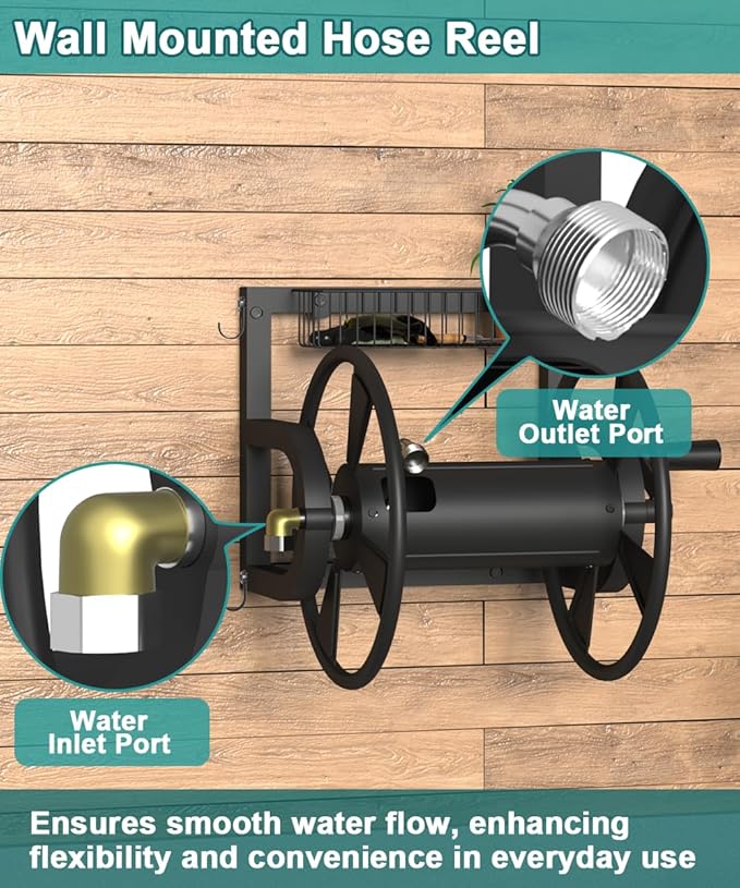 Artigarden Outdoor Wall Mounted Hose Reel with Hook, Garden Heavy-Duty Water Holder Winder with 3.9 ft Leader Hoses, Brass Fitting and Storage Basket for Yard, Holds 125 Ft of 5/8-Inch Hose, Black
