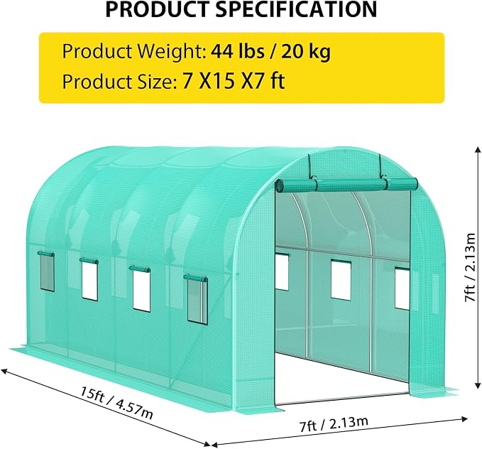 GarveeLife 8*13*7 ft Portable Walking in Tunnel Tent, Walk-in Greenhouse with Bottom widening Design, Galvanized Pipe, Full-Opening Roller Zippered Door & 6 Screen Windows, Greenhouses for Outdoors