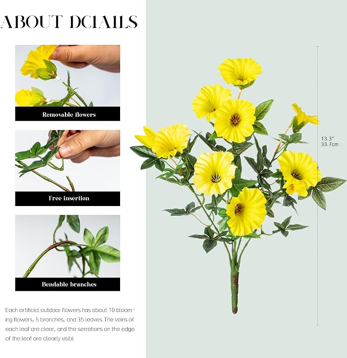 Yellow Artificial Morning Glory Flowers for Outdoor Planters, Premium UV Resistant Silk Faux Flowers for Porch, Hanging Basket & Window Box, Spring Garden Decor, No Pot, 13.3 Inch, 8 Bundles