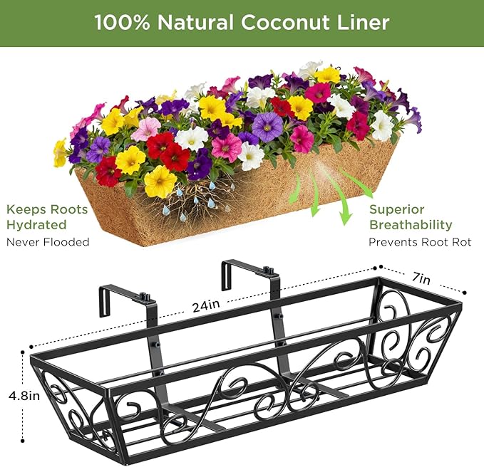 Y&M Outdoor Rectangular Window Box Planter, 24-Inch 2PCS Deck Railing Planter Boxes & Hanging Railing Planters with Coco Coir Liner, Rust-Resistant Steel, Large Capacity for Balcony, Porch, and Garden