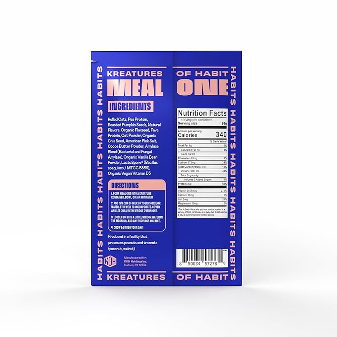 Kreatures of Habit MEAL ONE | Overnight & Instant Superfood Protein Meal Replacement | Gluten Free, Dairy Free, 30g of Plant Based Protein, With No Added Sugar | Vanilla | Pack of 7