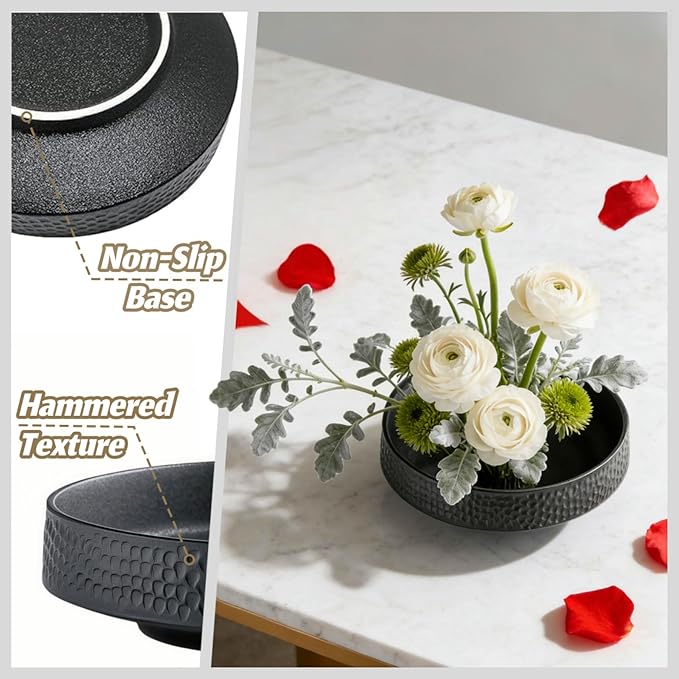 Japanese Ikebana Vase Kit, Flower Shallow Container Ceramics Ikebana Vase with 1.57inch Flower Frog and Floristry Floral Frog Kenzan Needle Straightening Tool (Hammer Pattern Bowl)