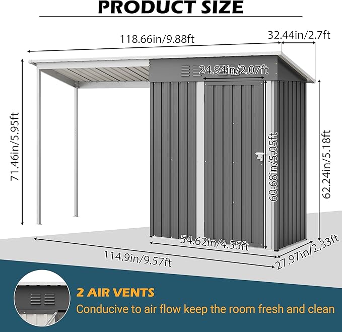 YOPTO 5×3 FT Outdoor Storage Shed & Gazebo Combo,Lean to Metal Tool Shed with Open Pergola,All-Weather 2-in-1 Garden Shed & Gazebo W/Sloping Roof and Lockable Door,for Backyard,Patio,Lawn(Gray)